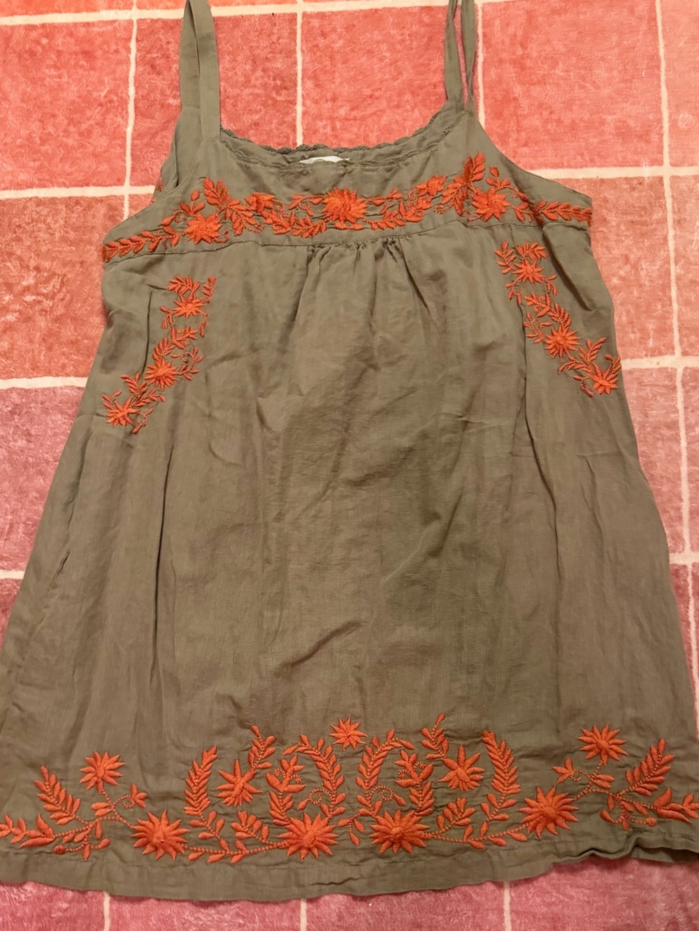 Olive Green Embroidered Mini Dress with Orange Floral Accents